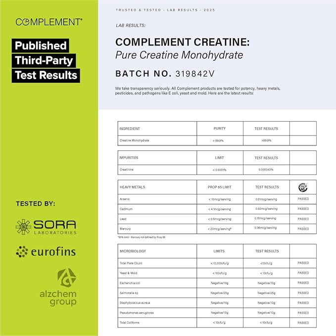 Complement Creatine Monohydrate Micronized Powder - Pre-Workout, Post-Workout, Muscle Recovery, Brain Health, Longevity, Energy Supplements for Women and Men - Vegan, Unflavored (5g, 60 Servings)