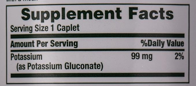 Nature's Bounty Potassium 99mg, Supports Fluid Balance and Muscle Activity, Involved in Normal Heart Function, Potassium Gluconate Dietary Supplement, Gluten Free, 1 Per Day, 100 Vegetarian Caplets