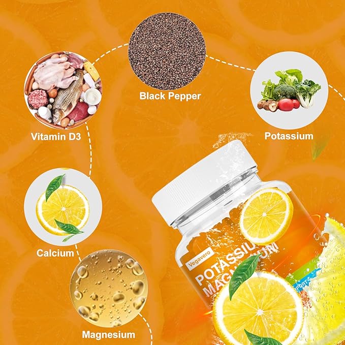 Potassium Magnesium Gummies - Magnesium Glycinate B6,D3 & Potassium Citrate for Leg Cramps,Muscle,Electroyte for Adults Kids,Sugar-Free - 60 Orange Gummies