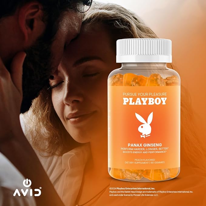 Playboy – Ginseng Gummies (60 Count - Peach Flavored) - Perform Harder, Longer, Better - Panax Ginseng Supplement Gummy for Men and Women - 100% Natural, Vegan Non GMO Ginseng Root 6:1 Extract