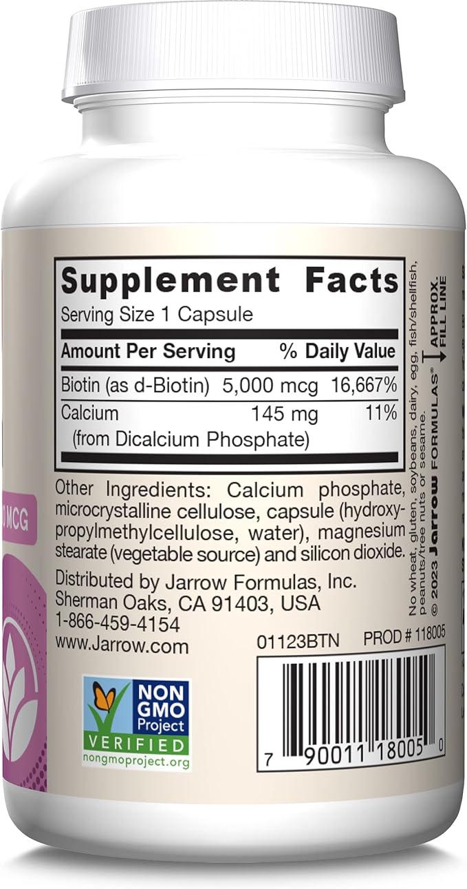 Jarrow Formulas® Biotin Ultra Strength 5000 mcg, Dietary Supplement, Hair, Skin, and Nails Support, 100 Veggie Capsules, Up to 100 Day Supply