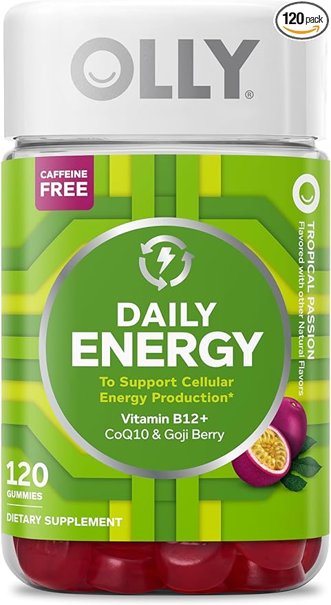 OLLY Daily Energy Gummy, Caffeine Free Cellular Energy Production,* Vitamin B12, CoQ10, Goji Berry, Adult Chewable Supplement, Tropical Passion Flavored, 60 Day Supply - 120 Count