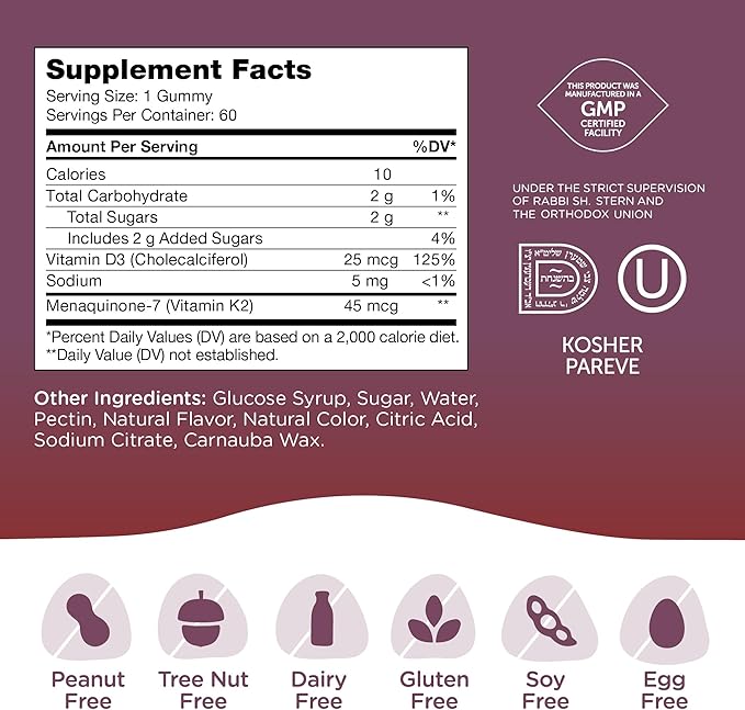 Zahler Chapter One Vitamin D3 K2 Gummies, Contains 1000IU of Vitamin D3 and 45MCG of Vitamin K2, D3 & K2 Gummy Supplement, Kosher, 60 Gummies