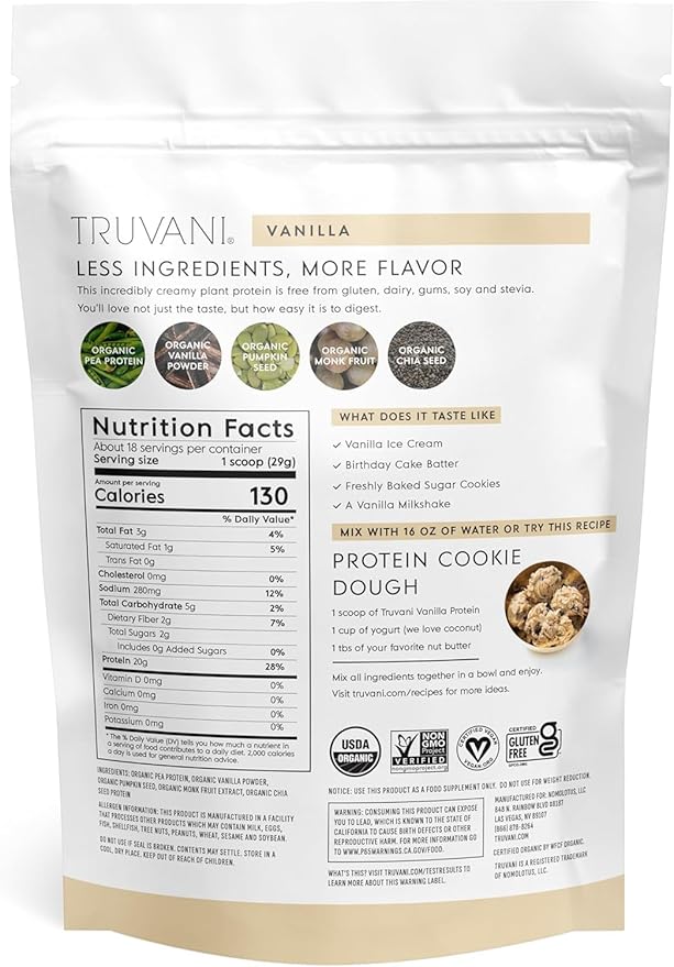 Truvani Organic Plant Based Protein Powder | Vanilla | 20g Pea Protein | 18 Servings | Vegan & Keto | Gluten & Dairy Free | Low Carb | No Added Sugar