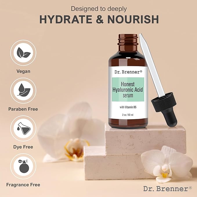 2 oz. Hyaluronic Acid Serum For Skin, Made with 100% Pure Hyaluronic Acid, Plumping, Anti-Aging, Hydrating, Moisturizing HA Serum With Vitamin B5 by Dr. Brenner (2 oz)