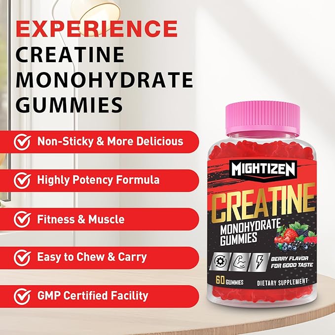 Creatine Monohydrate Gummies for Men & Women, Creatine for Women Chewables Creatine Monohydrate with Taurine & Vitamin B12, Pre-Workout Gummies for Max Strength, Energy & Endurance, Berry 60 Counts