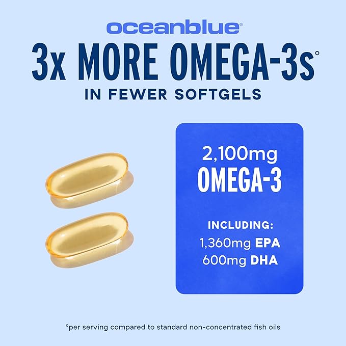 Oceanblue Professional Omega-3 2100mg Fish Oil Supplement Triple Strength, High Potency EPA, DHA & DPA Burpless, Wild-Caught, Natural Orange Flavor 60 Softgels (Pack of 1)
