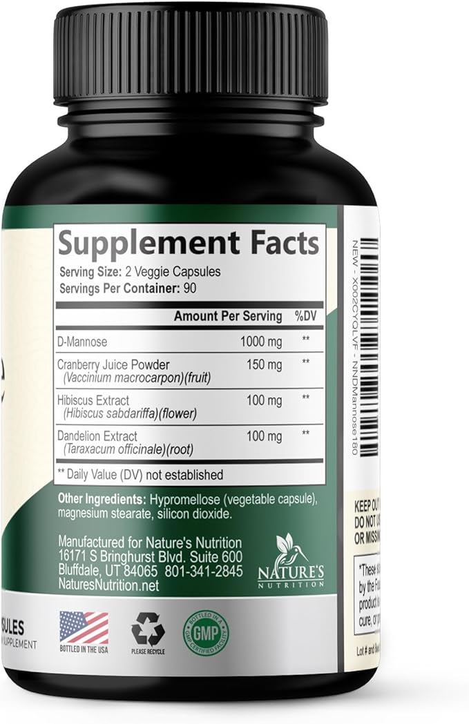 D-Mannose 1000mg Per Serving - Cranberry & Hibiscus - Effective Fast-Acting, Flush The Impurities for Bladder, Urinary Tract Health Support Supplement, for Women and Men, USA Bottled - 180 Capsules