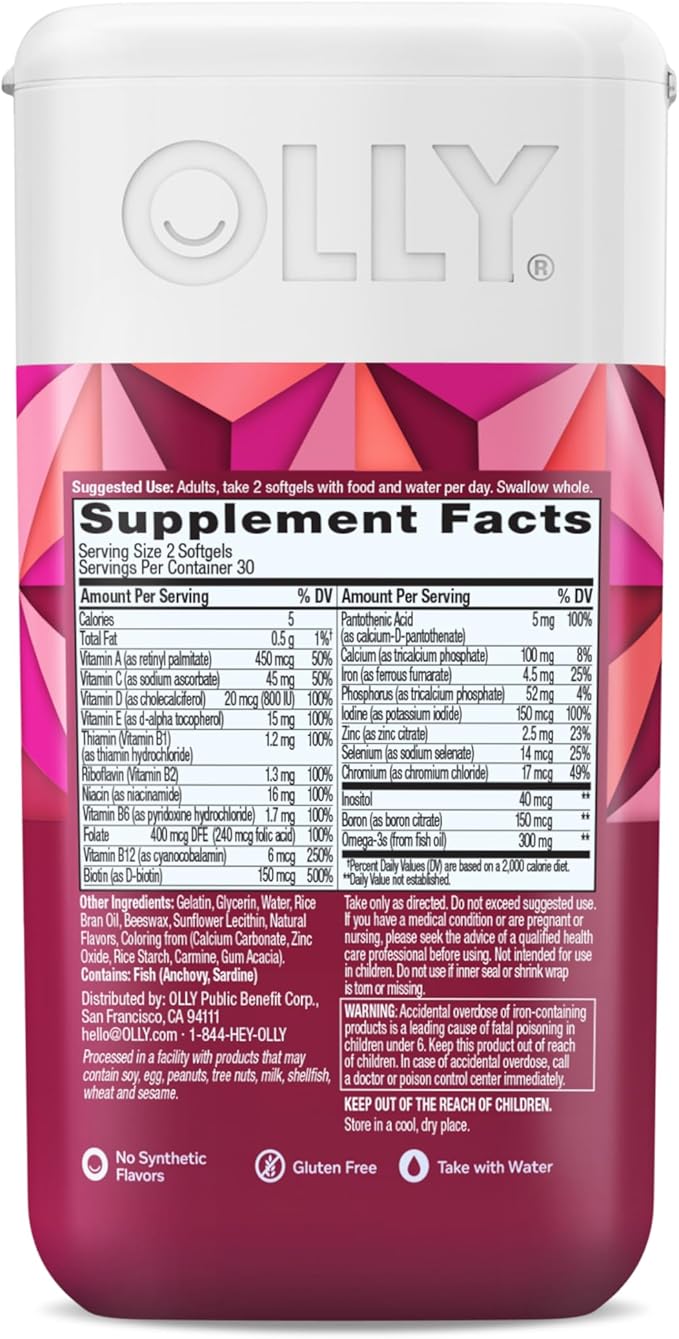OLLY Ultra Women's Multi Softgels,Overall Health and Immune Support,Omega-3s,Iron,Vitamins A,D,C,E,B12,Daily Multivitamin,30 Day Supply -,60 Count (Pack of 2)