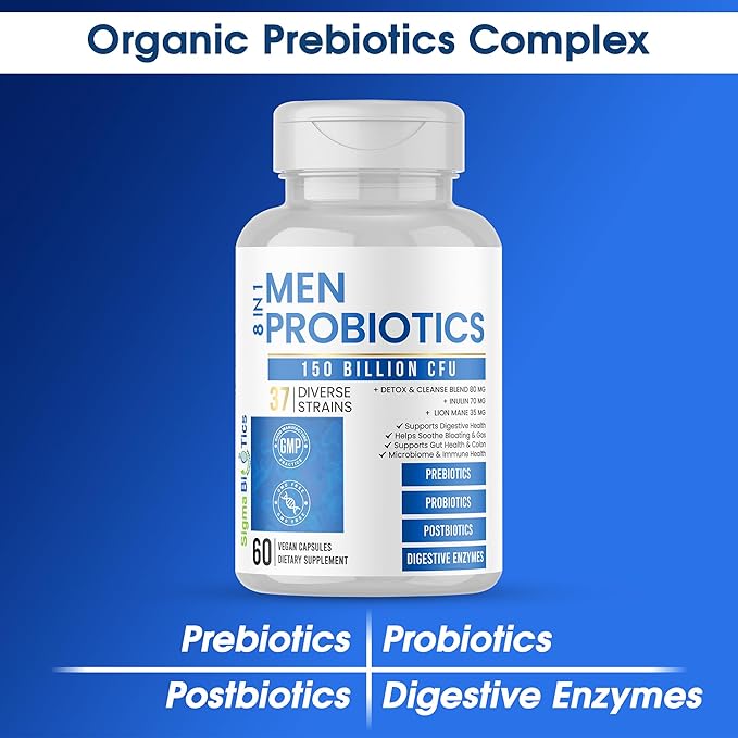 Probiotics for Men - 150 Billion CFU Acidophilus Capsules with Prebiotics & Postbiotics - Supports Gut Microbiome, Colon & Immune Health - 37 Strains with Digestive Enzymes - 60 Vegan Capsules