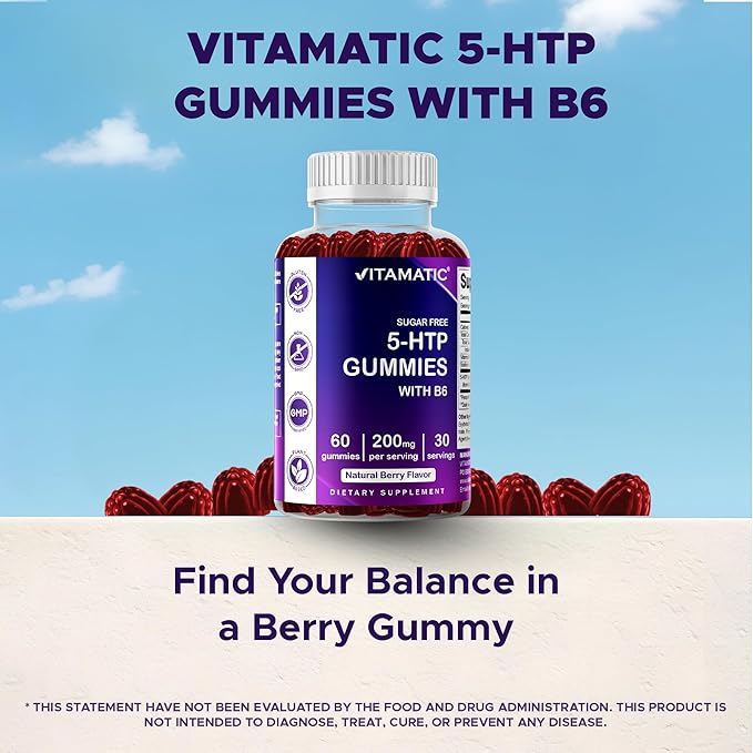 Vitamatic Sugar Free 5-HTP 200mg Gummies with B6 – 60 Pectin-Based Gummies – Mood Support & Stress Relief