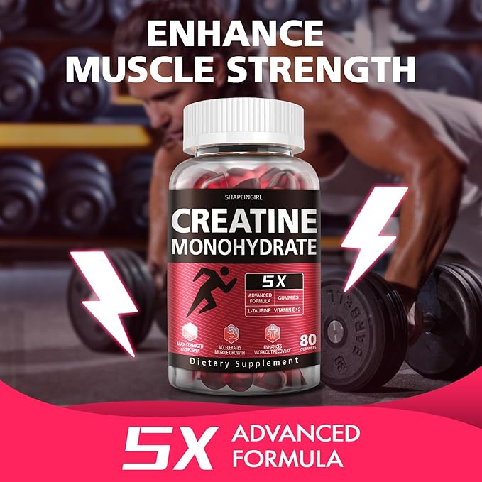 Creatine Monohydrate Gummies - Clean Creatine for Women Men for Muscle Strength, Improving Endurance & Post Workout Recovery - Creatine Supplement - Raspberry Flavors (160 Gummies)