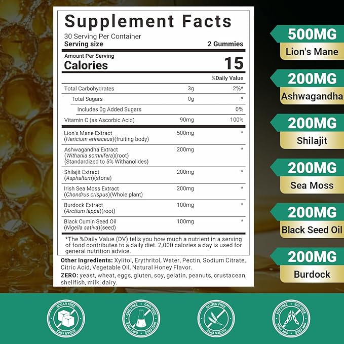 Ashwagandha Gummies - Lions Mane Gummies, Ashwagandha Lion's Mane Supplement with Shilajit, Sea Moss, Black Seed Oil for Adults - Energy, Cognitive & Immune Support