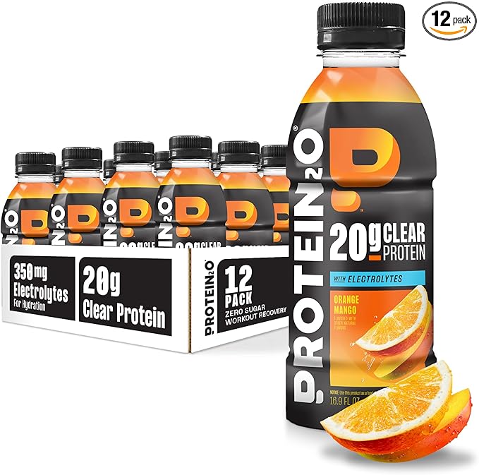 Protein2o Hydration Drink - 2-in-1 Liquid Clear Whey Protein Isolate and Electrolyte Drink - 20g Protein, Vitamins B5, B6 - Post-Workout Recovery - 16.9 Fl Oz - 12 Count Orange Mango