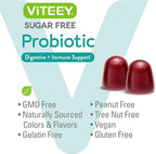 Viteey Probiotic Gummies for Women, Men & Teens, 2 Billion CFUs - Sugar Free - Immune Booster, Digestive Support, Gut Health - Vegan, Gelatin Free, GMO Free - Tasty Chewable Raspberry Flavored Gummy