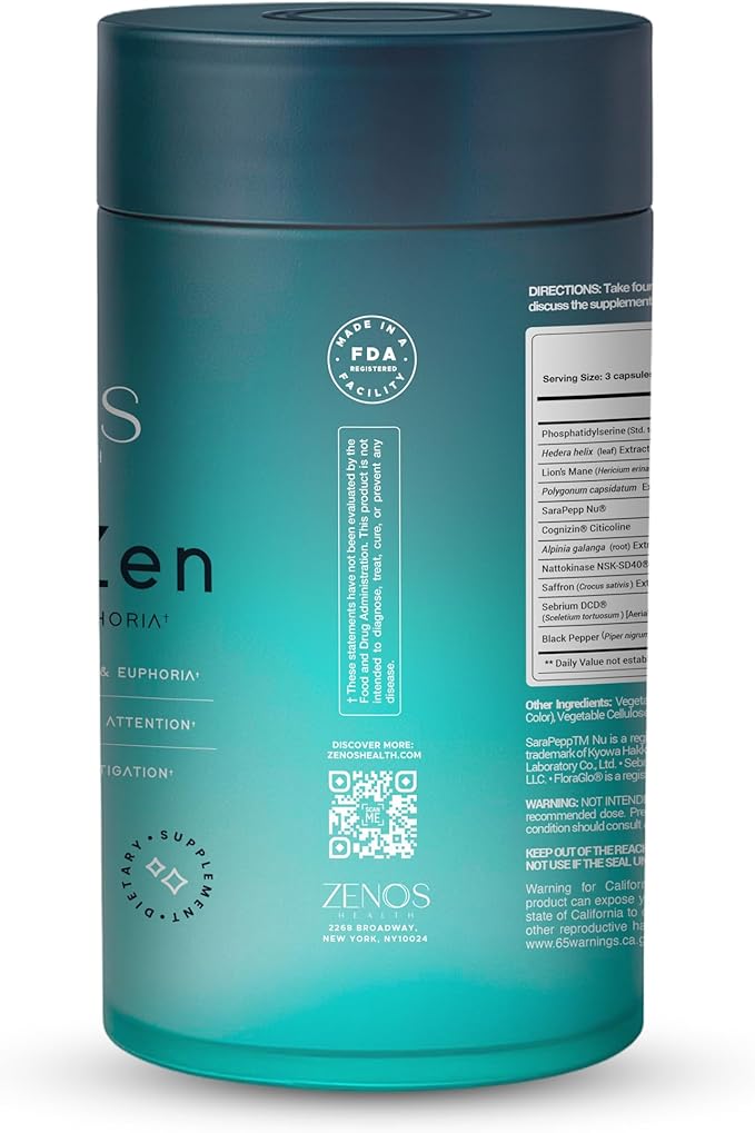 Zenos Health MoodZen Mood Support & Cortisol Reducer Supplement – Powerful Focus Supplement – Natural Formula to Enhance Mind Clarity - Made in USA, 90 Caps