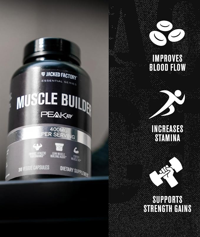 Jacked Factory Essentials Muscle Builder - ATP Muscle Builder for Men with Peak ATP to Support Muscle Gain, Enhance Athletic Performance, & Increase Strength - 30 Capsules
