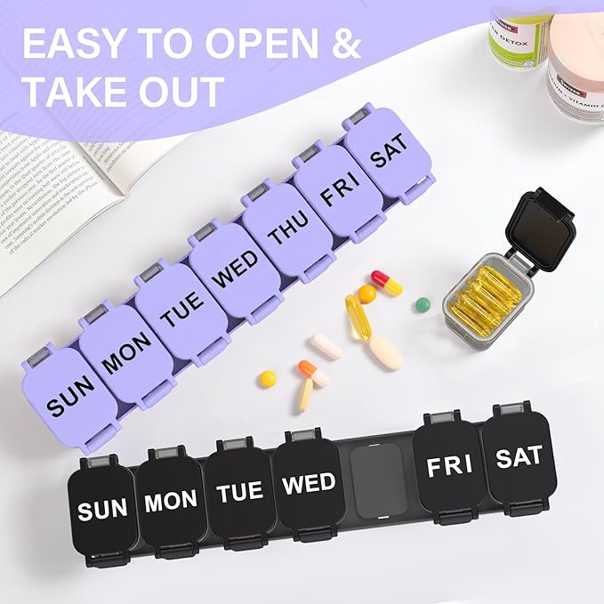 2-Pack Extra Large Weekly Pill Organizer - XL Vitamin Holder with 7 Detachable Compartments, Portable Medicine Pill Organizer for Supplements, Daily Pill Case for Home and Travel