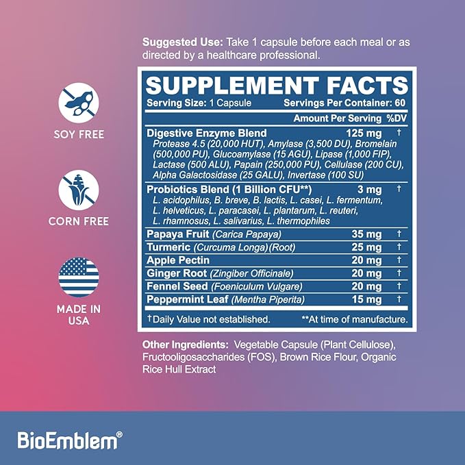 BioEmblem Digestive Enzymes - 10 Enzymes w/ 12 Strain 1 Billion CFU Probiotics for Nutrient Absorption & Digestive Support - Papaya, Bromelain & Papain to Help Bloating & Gas - Non-GMO - 60 Capsules