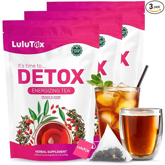LULUTOX Detox Tea - Herbal Blend with Dandelion, Ginseng, and Ginger - Supports A Healthy Weight, Digestive Health - Vegan, All Natural, Laxative-Free - Peach Flavor (3 Pack x 28 Servings)