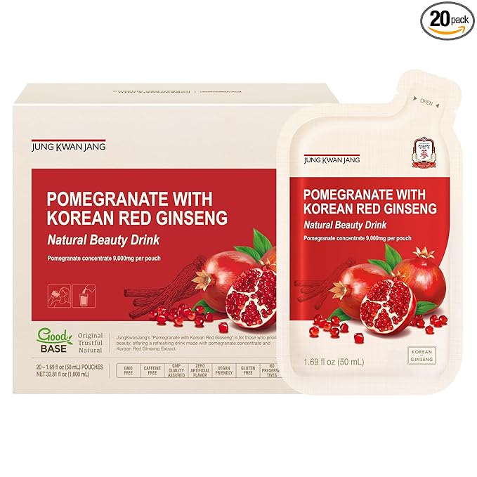 JUNG KWAN JANG Pomegranate with Korean Red Ginseng - Vegan Red Panax Ginseng Liquid Energy Drink with Natural Sweetness from Agave & Grape Extracts - No Caffeine, Non-GMO (20 Pouches, 1.69 fl oz)