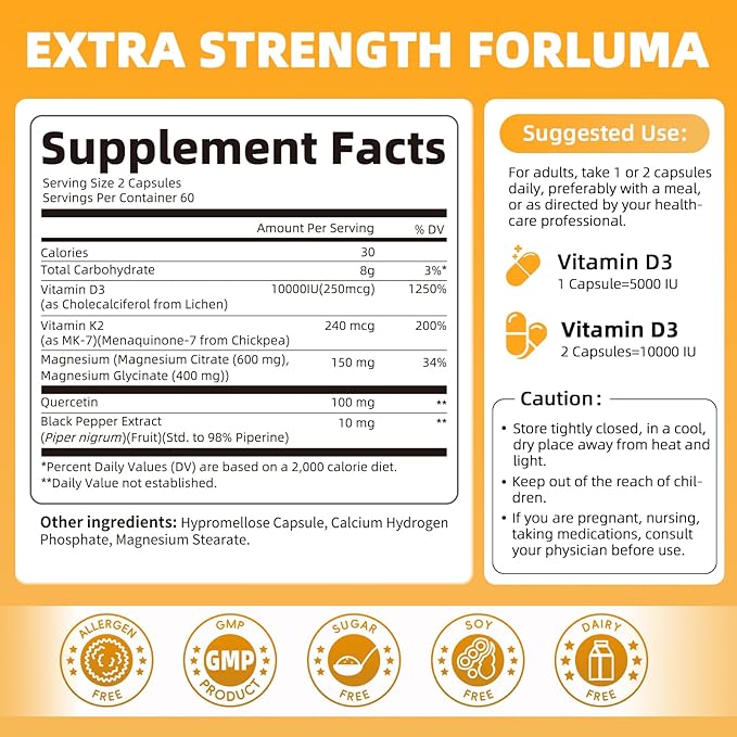 M inch Vitamin D3 K2 with Magnesium, Vitamin D3 10000 IU, Vitamin K2 MK-7 240 mcg, 6-in-1 K2 D3 Vitamin Supplement with Quercetin for Bone, Immune & Moo*d Support, Highly Bioavailable, 120 Capsules