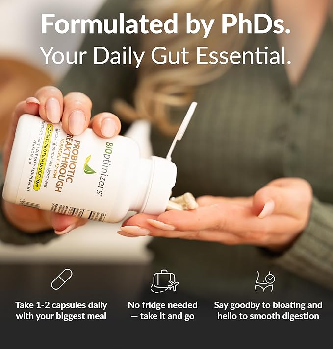 BIOptimizers Probiotic Breakthrough – Lactobacillus Plantarum OM Probiotics & Prebiotics Health Supplement for Gut, Digestive & Immune Support Probiotics for Women Men Elderly– 60 Vegan Capsules