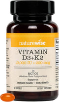 NatureWise Vegan Vitamin D3 + K2 in Organic Coconut MCT Oil - Natural D3 10000IU + Natural K2 200mcg - High Absorption Bone Support - Non-GMO - USA Manufactured - 90 Softgels[90-Day Supply]