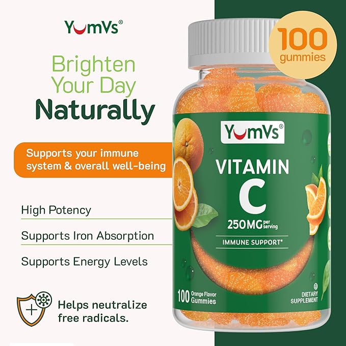 YUM-V'S Vitamin C Gummies for Adults - 250 mg Yummy Vitamin C Gummy - VIT C Gummies - Immune Support Supplement -Orange Flavored Kosher, Halal, Gluten Free (100 Count)