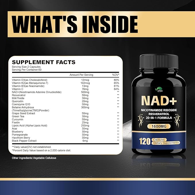 NAD Supplement,1500mg NAD+ Supplement with Resveratrol,Nicotinamide,Quercetin,CoQ10,Support Energy & Repair, Vitality,Non-GMO, No Fillers(110 Capsules)