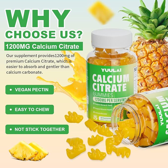 Pack of 2 Calcium Citrate Gummies 1200mg, Chewable Calcium Supplements for Women & Men, Sugar Free Calcium Gummies for Bone, Muscle & Immune Support, Pineapple Flavor, 120 Count