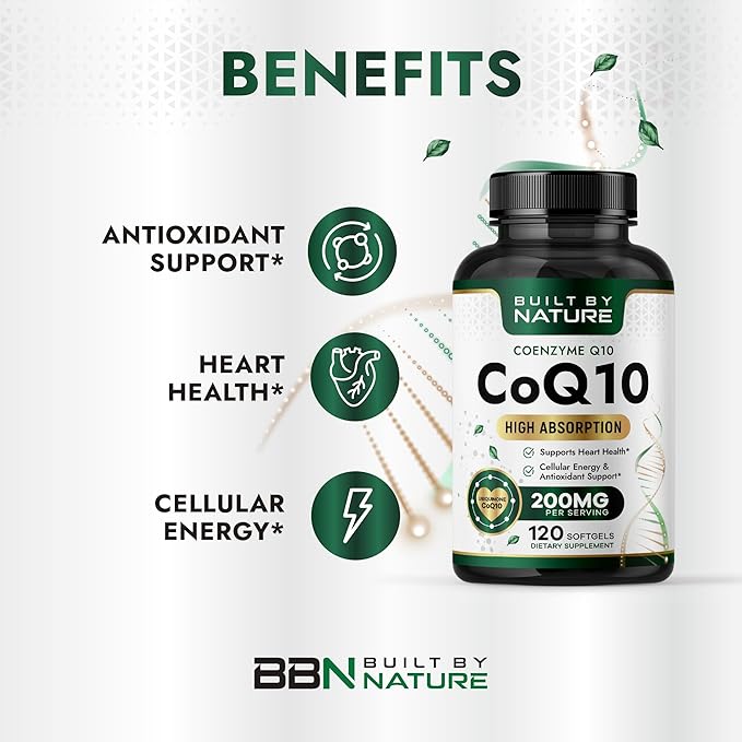 Built by Nature CoQ10 – High Absorption Coenzyme Q10 Supplement with Coconut MCT Oil – Promotes Heart Health, Cellular Energy & Antioxidant Support – 120 Softgels