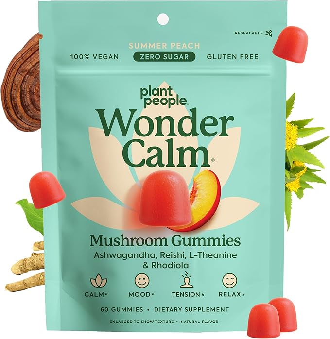 Plant People WonderCalm Mushroom Gummies - Natural Ashwagandha Supplement to Ease Stress & Boost Mood for Adults Without Sugar, Gluten or Artificial Colors, Vegan-Friendly, Peach Flavor, 60 Count
