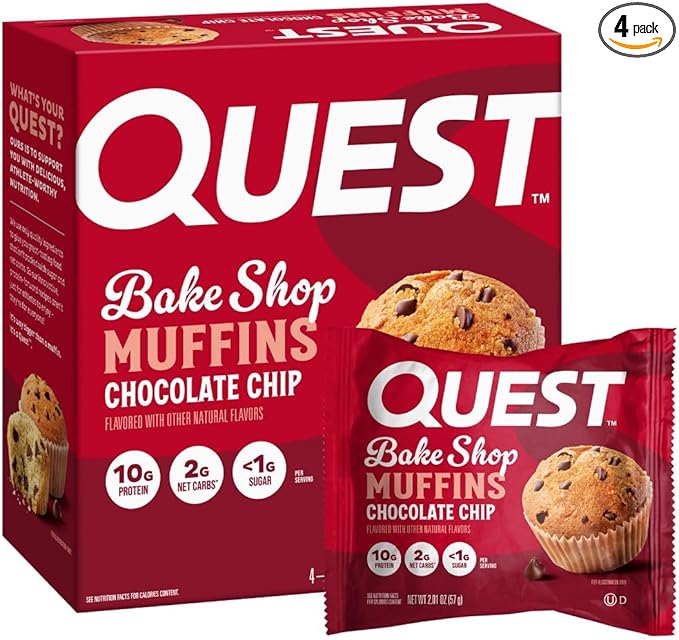 Quest Nutrition Chocolate Chip Muffin, 10g Protein, 2g Net Carb, Less than 1g Sugar, Protein Snack, 4 Count