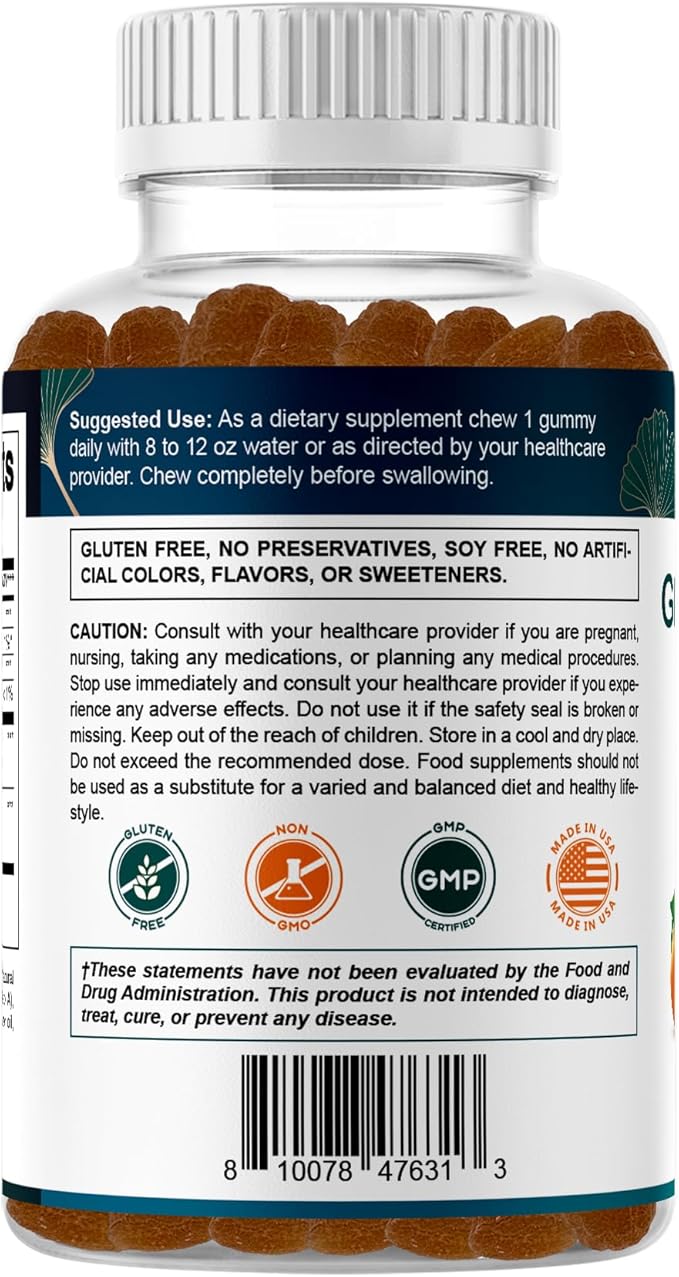 Vitamatic Ginkgo Biloba & Bacopa Gummies – Plant-Based Botanical Extract – Natural Peach Flavor – Vegan, Non-GMO, Gluten-Free – Herbal Supplement – 60 Count - 2 Pack (120 Count)