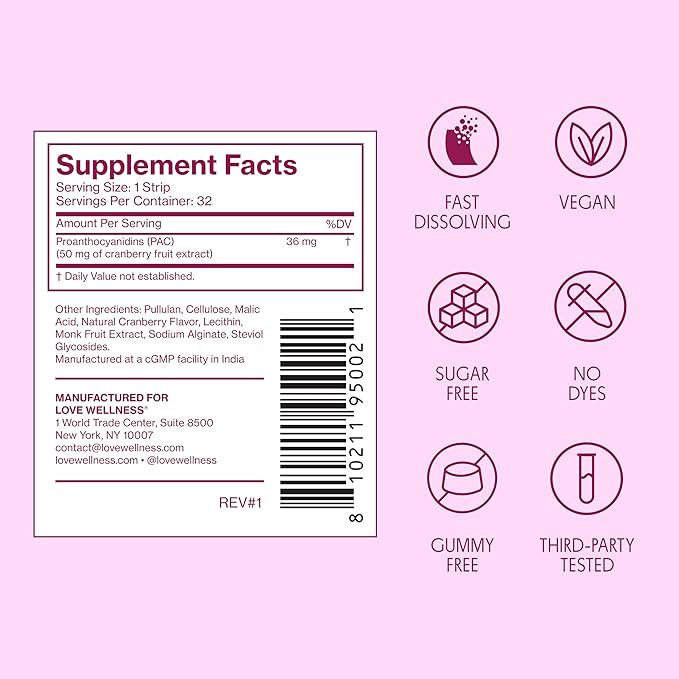 Love Wellness Urinary Tract* Quick Melt Strips - Fast-Dissolving UT Support with 36 mg PACs from Cranberry Fruit Extract - Promotes Urinary Health* - No Water Needed - Vegan and Sugar Free - 32 Strips