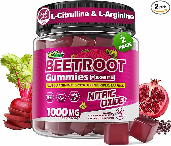Organic Beet Root Gummies with L-Citrulline & L-Arginine, Nitric Oxide Supplements for Men and Women, Grape Seed, Pomegranate, Saffron for Circulation, Vâsculâr & Vitality, Vegan, Sugar Free, 120 Cts