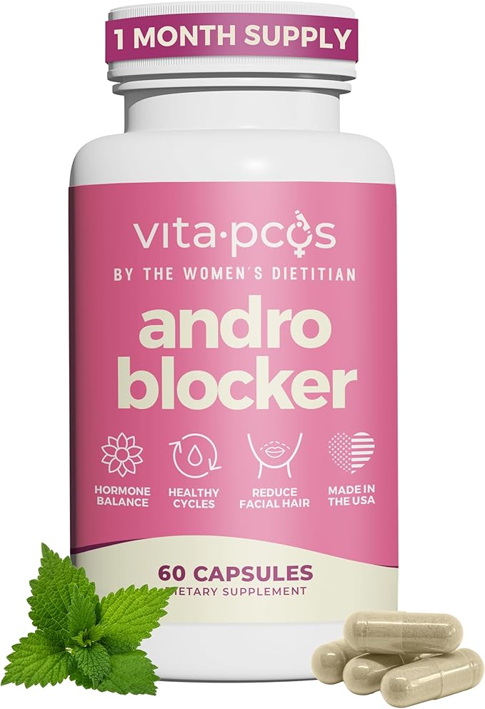 VITA-PCOS AndroBlocker Balance Supplement for Women - Stinging Nettle Capsules with Zinc & Inositol for Unwanted Facial Hair & Healthy Period - Saw Palmetto for Women Energy & Vitality - 60 Capsules