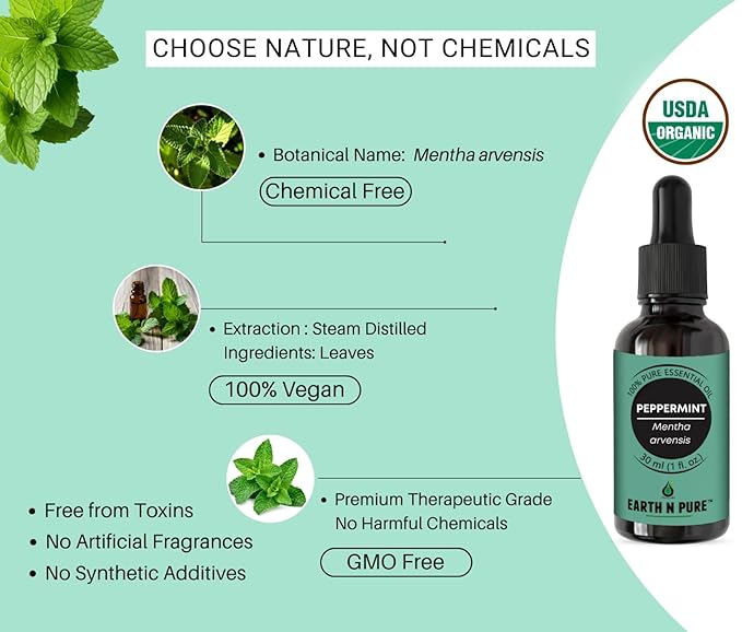 Earth N Pure Peppermint Essential Oil (Pudina Oil) Undiluted, Natural and Therapeutic Grade with Glass Dropper - 50 ml