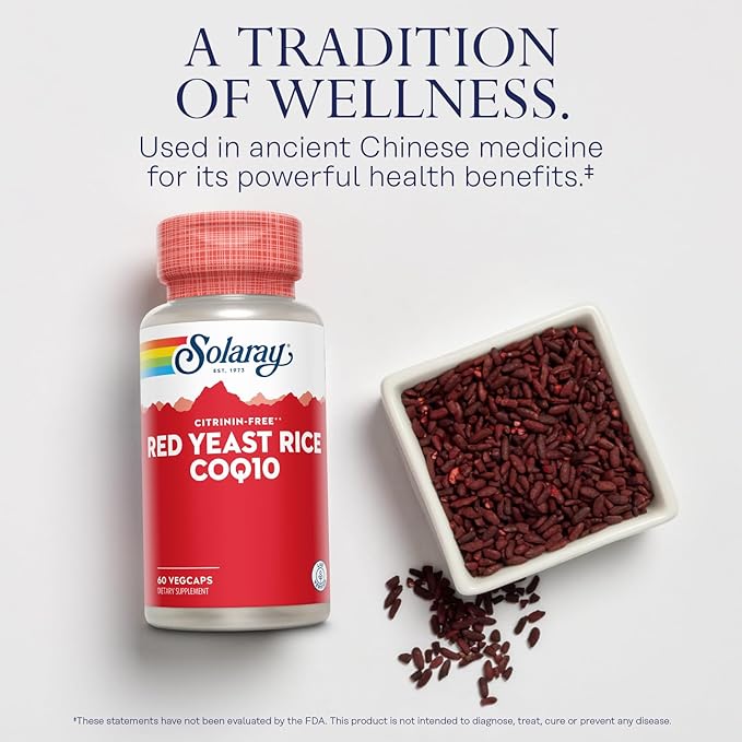 SOLARAY Red Yeast Rice Plus CoQ-10 & No-Flush Niacin Vitamin B-3, Healthy Heart & Cardiovascular Support, Non-Irradiated & Citrinin Free, 60 Servings, 60 VegCaps