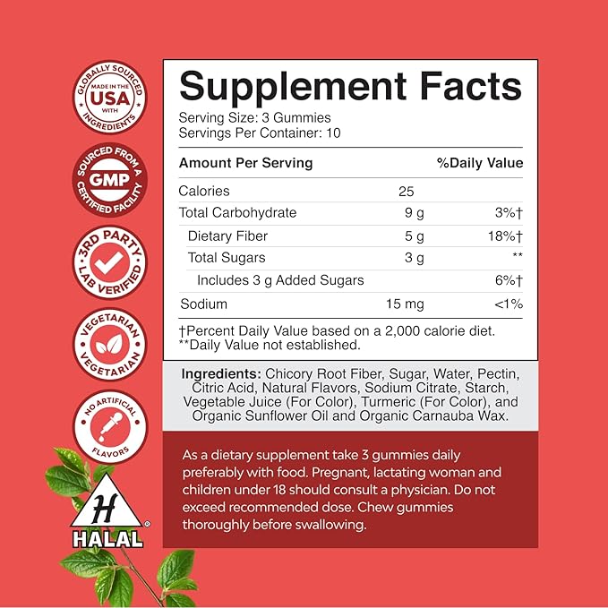Tasty Prebiotic Fiber Gummies for Adults - High Fiber Supplement Gummies Vitamins for Adults with Prebiotic Soluble Chicory Root for Immunity and Digestive Support - Non GMO Vegan Halal 30 Count