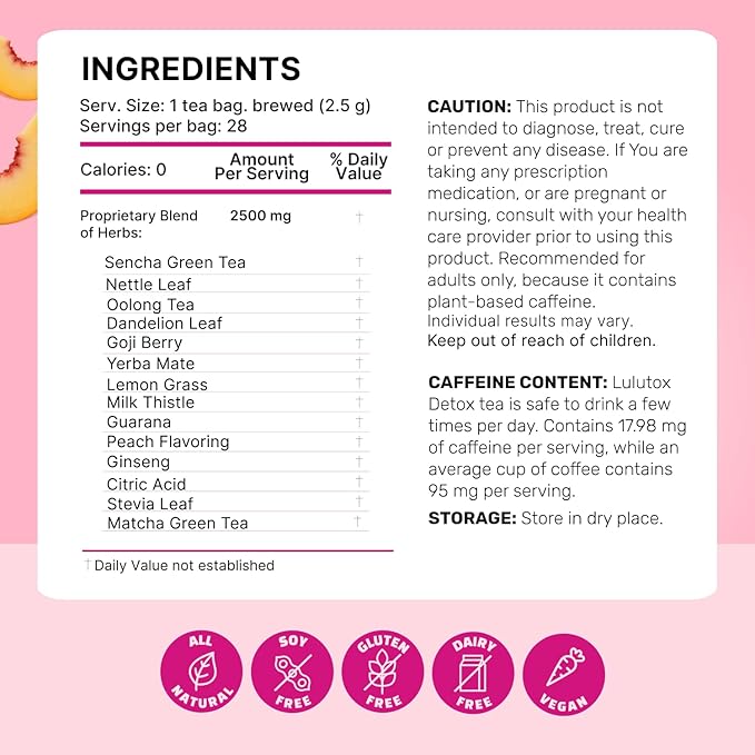 LULUTOX Detox Tea - Herbal Blend with Dandelion, Ginseng, and Ginger - Supports A Healthy Weight, Digestive Health - Vegan, All Natural, Laxative-Free - Peach Flavor (3 Pack x 28 Servings)
