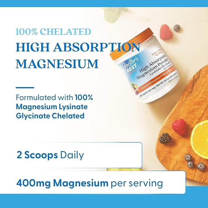 Doctors Best High Absorption Magnesium Powder Lysinate Glycinate 100% Chelated, Muscle Relaxation & Sleep Support, Gluten Free, Vegan, 100% Chelated Net Wt. 12.1 oz (340 Grams), Fruit Punch Flavor