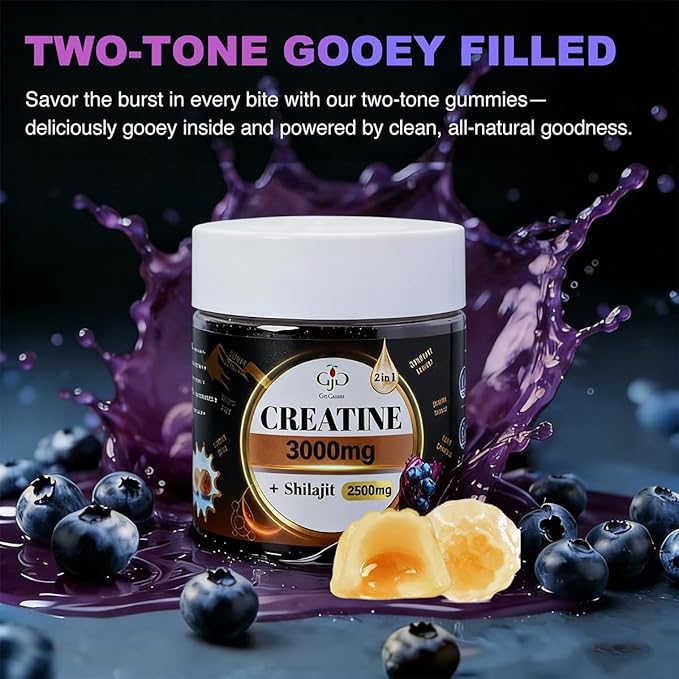 Creatine Gummies 3000mg with Shilajit | Juice-Burst Filled for Muscle Recovery, Strength & Energy Booster | Natural Testosterone & Cognitive Support for Men & Women | 60 Count, Blueberry Flavor