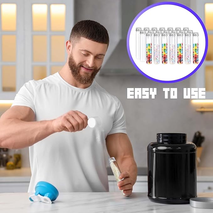 Shinylin 33 Pcs Protein Powder Travel Container Set 21 Pcs 50ml Reusable Powder Supplement Plastic Tubes and Portable Travel Organizer Zip up Bags Funnels Spoon and Labels for Workout Fitness