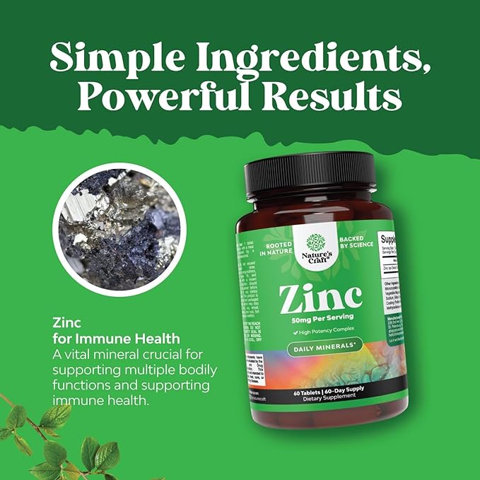 Zinc 50mg Immune Support Supplement - Zinc Complex Supplement for Immune System and to Enhance Hair Skin and Nails Vitamins - Easy to Swallow Potent Daily Tablets for Adults - 60 Count