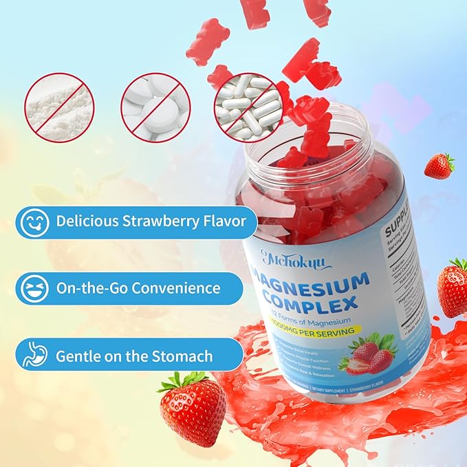 Magnesium Complex Gummies 1000mg | 12-in-1 Magnesium Complex Supplement with Glycinate, Citrate, Malate & Taurate Supports Muscle Function, Bone Health, Rest & Relaxation – Strawberry Flavor, 60 Count