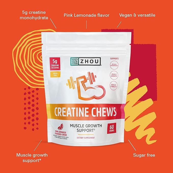 ZHOU Nutrition Creatine Monohydrate Chewables 5g for Men & Women, Sugar Free, Organic, Non GMO, Pink Lemonade, 60 Creatine Gummies