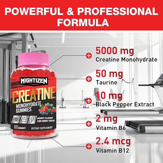 Creatine Monohydrate Gummies for Men & Women, Creatine for Women Chewables Creatine Monohydrate with Taurine & Vitamin B12, Pre-Workout Gummies for Max Strength, Energy & Endurance, Berry 60 Counts