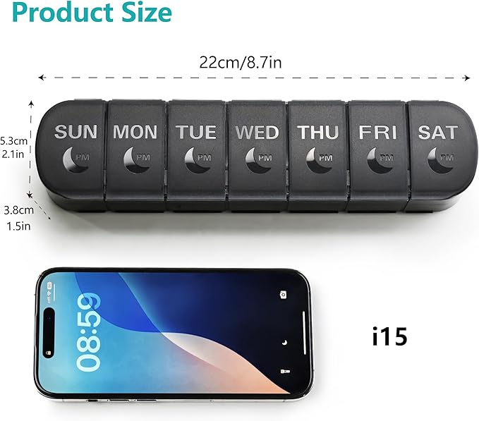 FHORAIN XL AM PM Pill Organizer 2 Times a Day, Fade Resistant Extra Large Weekly Pill Box 7 Day, Double-Sided 14 Compartments for Vitamins, Fish Oil, Supplements & Gummies (Black)